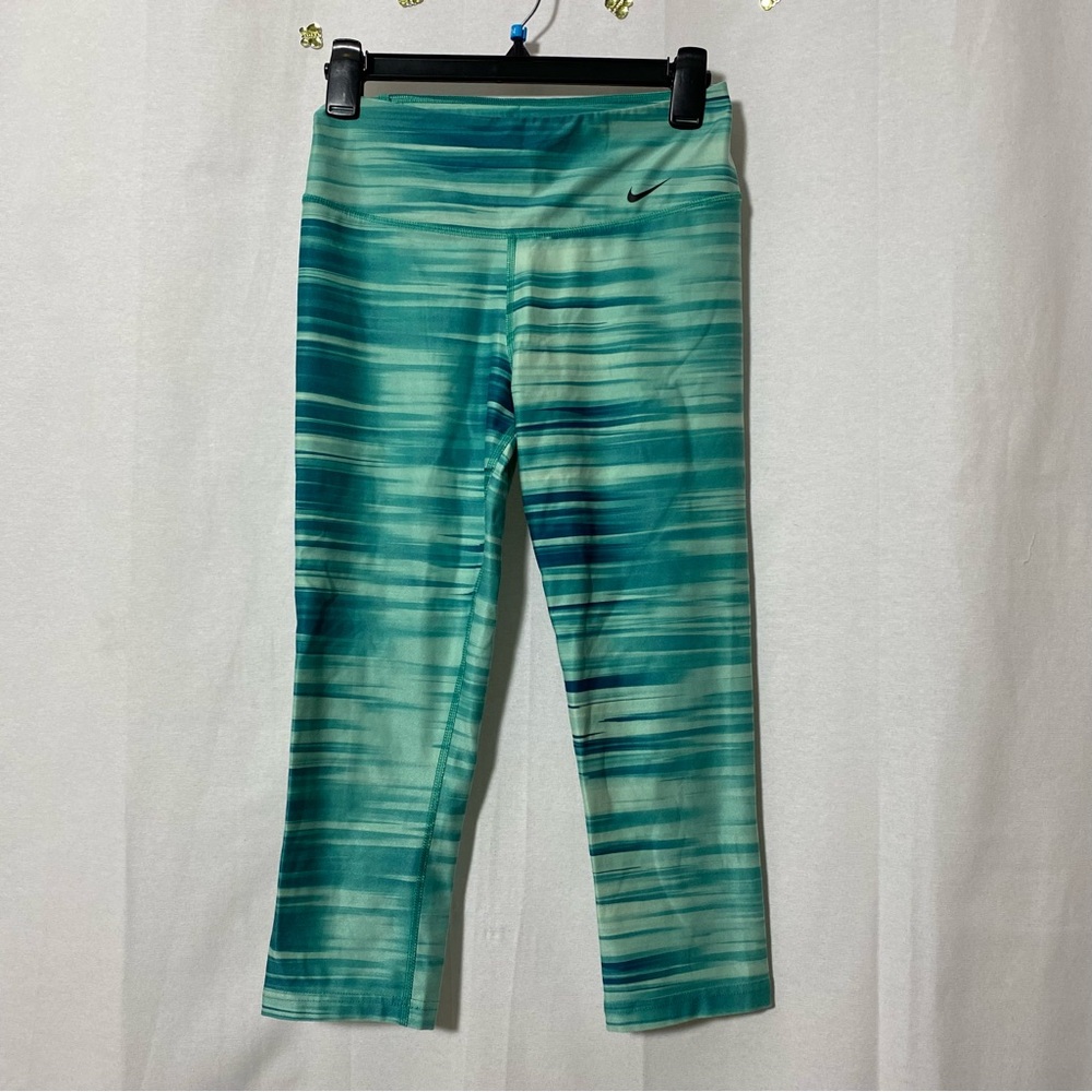 Nike Dri-FIT Women’s Cropped Leggings Aqua Teal Watercolor Stripe Print Size S